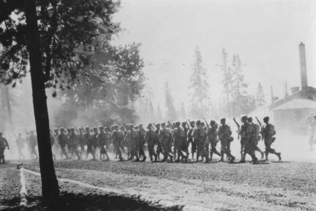 Troops conduct drill practice at Camp Abbot, now Bend, Oregon Troops conduct drill practice at Camp Abbot, now Bend, Oregon