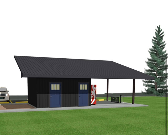Rendering of pavilion gathering space with soda machines.