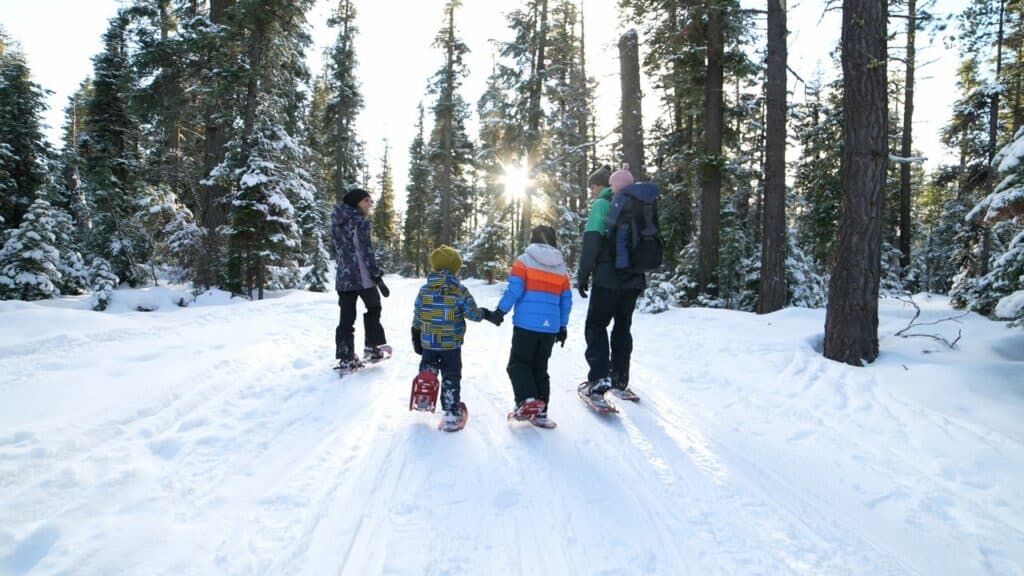 C0445-medium (1) a family snowshoeing in the woods