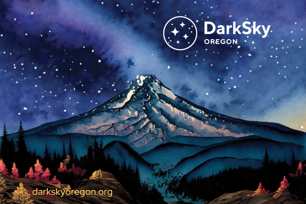 painting of night sky behind mountain peak.