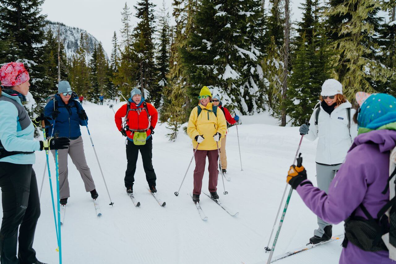 A group cross-country skiing at a Sno-Park in Central Oregon A group cross-country skiing at a Sno-Park in Central Oregon
