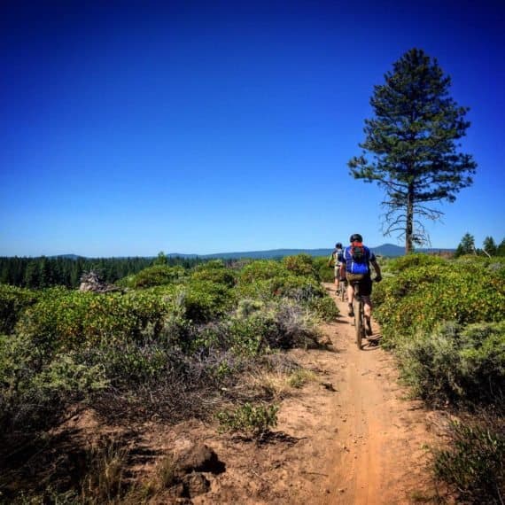 Two people ride mountain bikes on a single track trail in Bend, Oregon. Two people ride mountain bikes on a single track trail in Bend, Oregon.