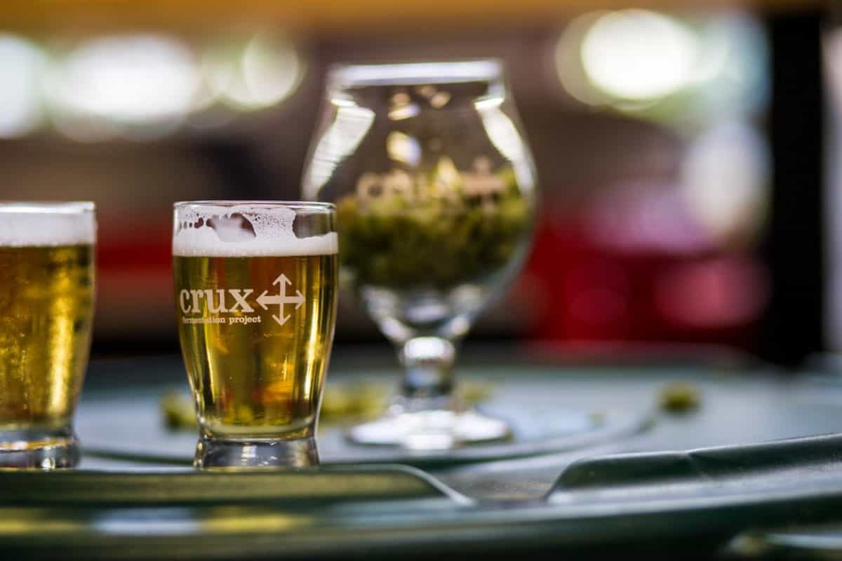A closeup photo of a taster size beer at Crux Fermentation Project in Bend, Oregon. A closeup photo of a taster size beer at Crux Fermentation Project in Bend, Oregon.