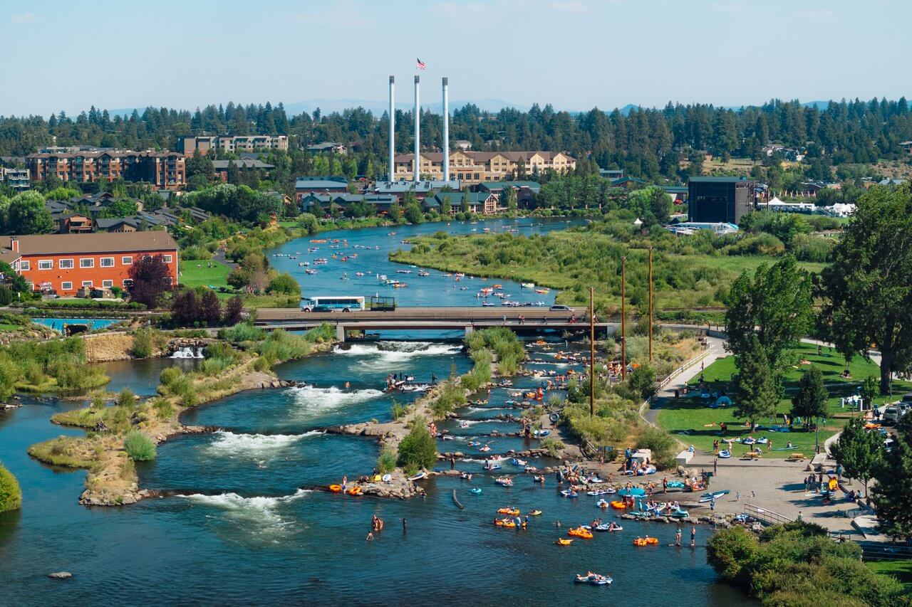 Floaters on the Deschutes River in Bend, Oregon Floaters on the Deschutes River in Bend, Oregon