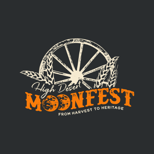 Wagon wheel and grain outlines next to text of High Desert Moonfest.